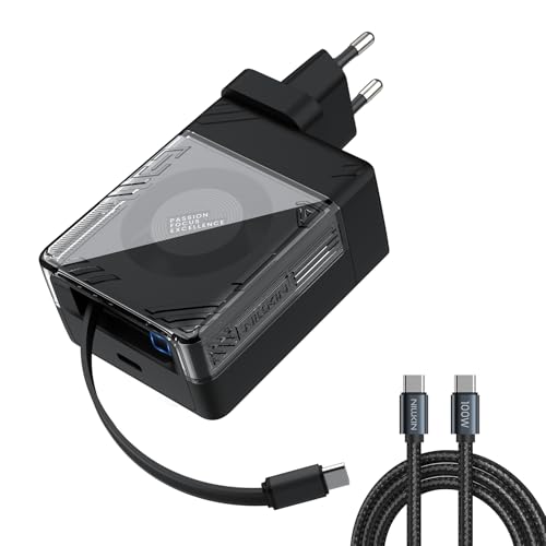 Nillkin USB C Ladegerät 65W GaN Schnellladegerät,2-Port PPS Netzteil mit Einziehbarem 73 cm Kabel + 180 cm USB C Kabel,Kompaktes Reiseladegerät kompatibel mit MacBook Pro/Air,iPhone 17-8,iPad-Schwarz