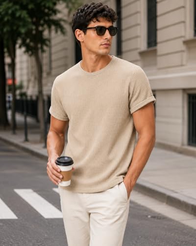 Image of London Hills Men's Waffle Textured T-Shirt | Solid Regular Fit Round Neck Half Sleeve Casual Wear Tee | Soft, Breathable & Lightweight Fabric