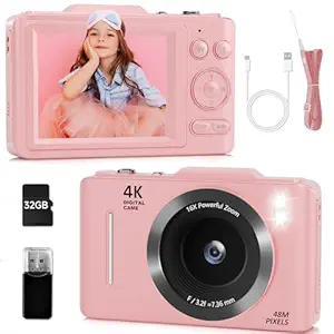 Digital Point and Shoot Camera, 4K 48MP Kids Camera for Pictures with 32GB Card, Card Reader, Lanyard, 16X Zoom Anti Shake, Portable YouTube Compact Vintage Camera Gift for Teens Kids Boys Girls(Pink)