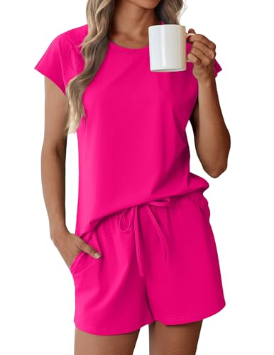Image of Ekouaer Cotton Pajamas for Women Set 2 Piece Cap Sleeve Pjs Shorts Set Lounge Sets Sleepwear S-XXL