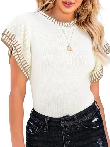 Image of Saodimallsu Womens Short Sleeve Sweater Summer Striped Top Soft Knit Shirts | Ruffle Sleeve,Loose,Crew Neck,Lightweight,Casual,Work,Spring,Womens Tops,Pullover,Fall