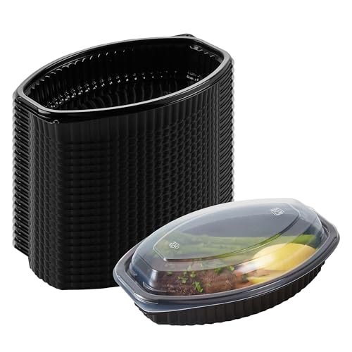 Image of Restaurantware-RW Base 16 Ounce Meal Prep Containers, 100 Microwavable To Go Containers With Lids - Disposable, Freezable, Black Plastic Oval Food Containers, Pack Hot And Cold Food, For Takeaway