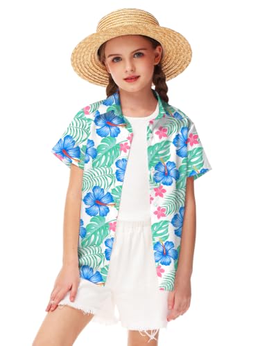Image of Remimi Unisex Kids 4th of July Button Up Shirt Boys American Flag Print Hawaiian Beach Short Sleeve Tops 5-14 Years