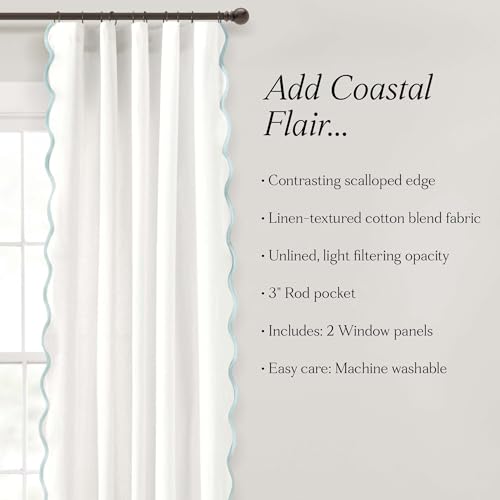 Image of Lush Decor Coastal Chic Scalloped Edge Light Filtering Window Curtain Panels Pair, 52 inch W x 84 inch L, Blue & White - White Curtains for Living Room - Coastal Decor