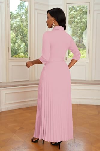 Image of Runwind Maxi Dresses for Women, 3 /4 Sleeve Botton Down Pleated Long Dress with Belt Casual Church Dress with Pockets