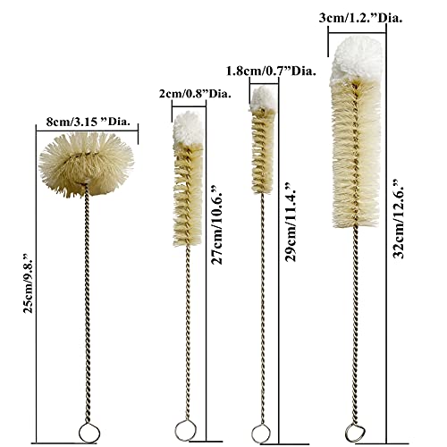 Coralpearl Bottle Brushes Thin Long Handle X 4, Skinny Wire Cleaner Set in Stainless Steel with Natural Boar Bristle at Wool Tip, Bendable Flexible for Cleaning Narrow Neck Bottles, Pipe, Tube, Hose