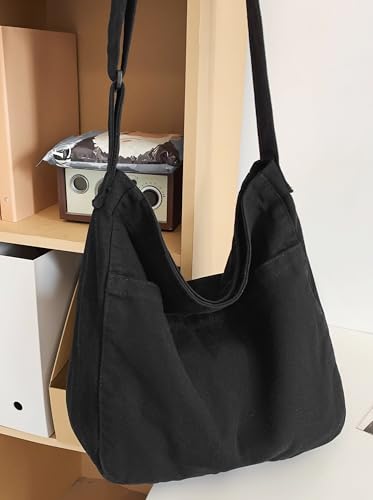 Image of Cotton Tote Handbag Women Canvas Crossbody Beach Bag Hobo Shoulder Tote Bag with 3 External Pocket,Zipper Closure