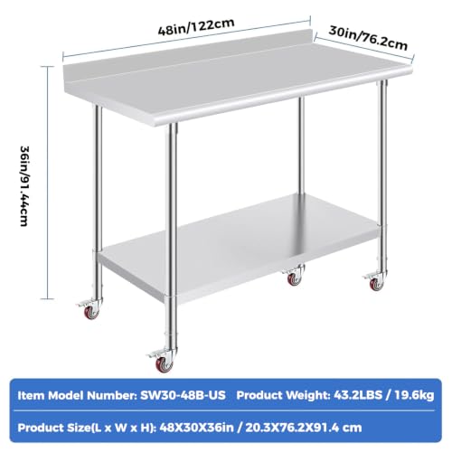 Image of OSTBA Stainless Steel Table for Prep & Work 30x48 Inches with Casters Wheels and Backsplash, NSF Metal Commercial Heavy Duty Table with Adjustable Undershelf for Restaurant Kitchen Home and Hotel