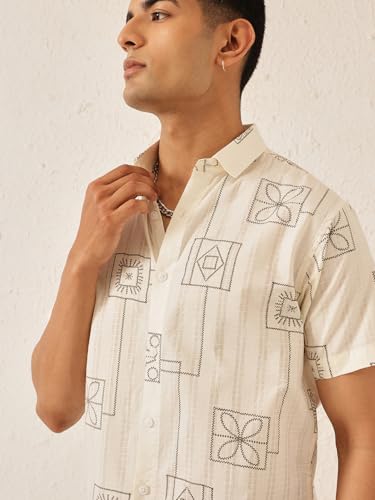 Image of Majestic Man Men's Slim Fit Pure Cotton Printed Casual Shirt - Short Sleeve | Premium Breathable Fabric | Modern Geometric Design
