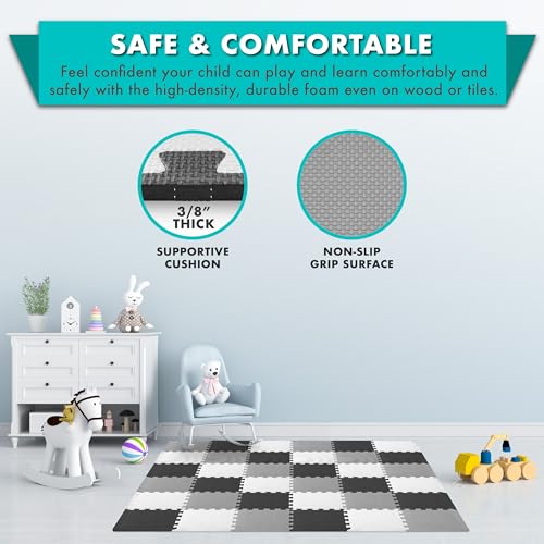 Image of ProSource Baby Play Mat, Soft Foam Floor Tiles for Kids, Interlocking EVA Panels for Playpen Use, Crawling Development Surface, Safe Non-Toxic Toddler Flooring, 36 Tiles, Black /Gray /White