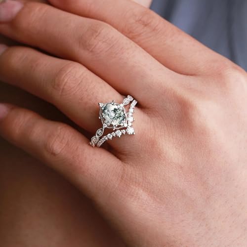 1.5 CT Oval Cut Gemstone Ring Set Moss Agate Opal Alexandrite Black Rutilated Quartz with Moissanite Engagement Rings for Women S925 10K 14K 18K Gold Wedding Bridal Set Promise for Her Free Engraving2