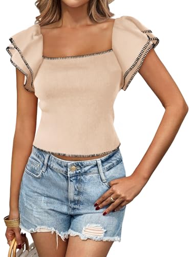 Saodimallsu Womens Cropped Ruffle Short Sleeve Sweater Square Neck Crop Knit Tops Summer Lightweight Pullover Shirts