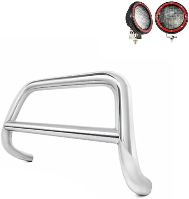 Black Horse A Bar No Skid Plate Stainless Steel Come with Pair of 5.3" Dia. LED Flood Lights with Red Trim Rings Compatible with 1998-2004 Toyota Tacoma-CBS-TOB4701-PLFR