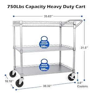 WDT Heavy Duty 3 Tier Utility Cart,Wire Rolling Carts with Wheels, Commercial Grade Service Cart with Shelving Liners and Handle Bar Metal Carts for Kitchen Office Hardware (750LBS Capacity Silver) WDT Heavy Duty 3 Tier Utility CartWire Rolling Carts with Wheels Commercial Grade Service Cart with Shelving Liners and Handle Bar Metal Carts for Kitchen Office Hardware 750LBS Capacity Silver