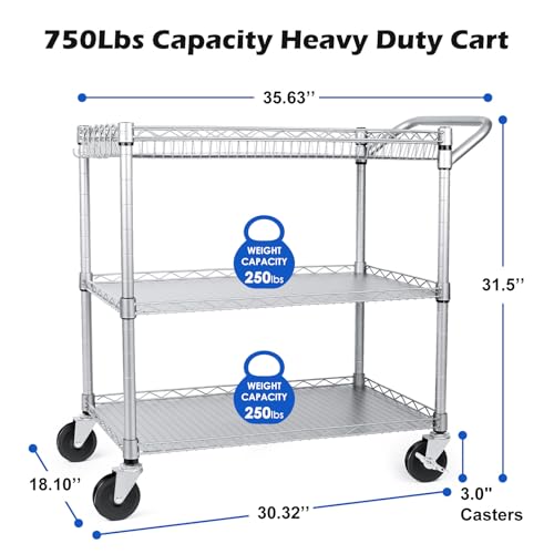 WDT-Heavy-Duty-3-Tier-Utility-CartWire-Rolling-Carts-with-Wheels-Commercial-Grade-Service-Cart-with-Shelving-Liners-and-Handle-Bar-Metal-Carts-for-Kitchen-Office-Hardware-750LBS-Capacity-Silver WDT Heavy Duty 3 Tier Utility CartWire Rolling Carts with Wheels Commercial Grade Service Cart with Shelving Liners and Handle Bar Metal Carts for Kitchen Office Hardware 750LBS Capacity Silver