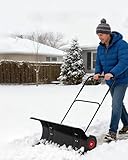 36" Wide Heavy-Duty Steel Snow Pusher with Wheels, Efficient Driveway Snow Removal Tool with Angled Blade & Adjustable Handle, Commercial & Residential Use, Black