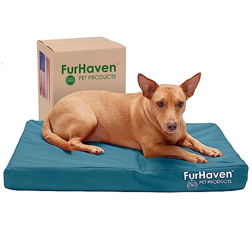 Image of Furhaven Indoor /Outdoor Logo Oxford Polycanvas Mattress - Water-Resistant Orthopedic Dog Bed w / Removable Cover, 125 lb max - Deep Lagoon, Medium