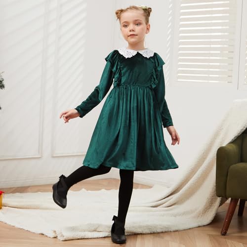QPANCY Girls Velvet Dress Ruffle Trim Long Sleeve Midi Guipure Lace Collar Party Dresses3