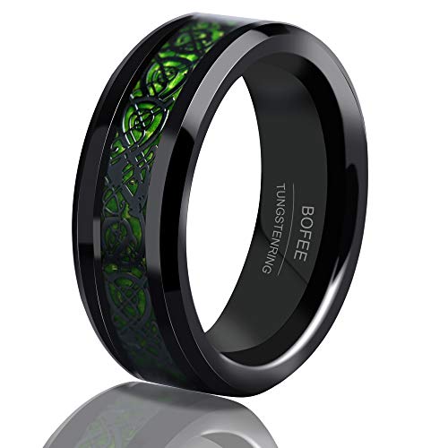 BOFEE Mens 8mm Black Tungsten Rings Celtic Dragon Green Carbon Fiber Inlay Comfort Fit Wedding Bands ?9?