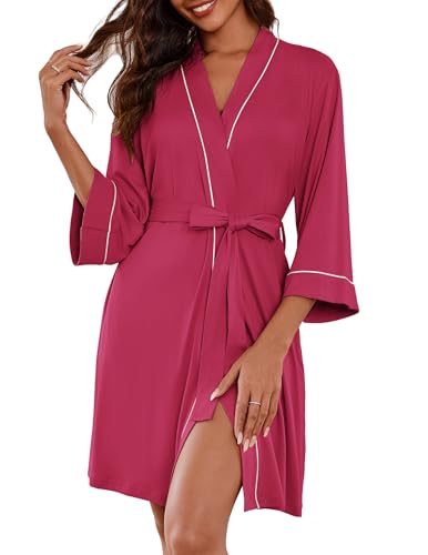 Image of Ekouaer Women Kimono Robes Knee Length Knit Bathrobe Lightweight Soft Sleepwear V-neck Casual Ladies Loungewear