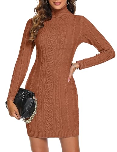 Aottori Vestido de Punto Mujer Elegante Vestido Suéter de Cuello Alto Jersey Manga Larga Solid Sexy Vestido Falda de Cadera para Otoño Invierno A-Caramelo S