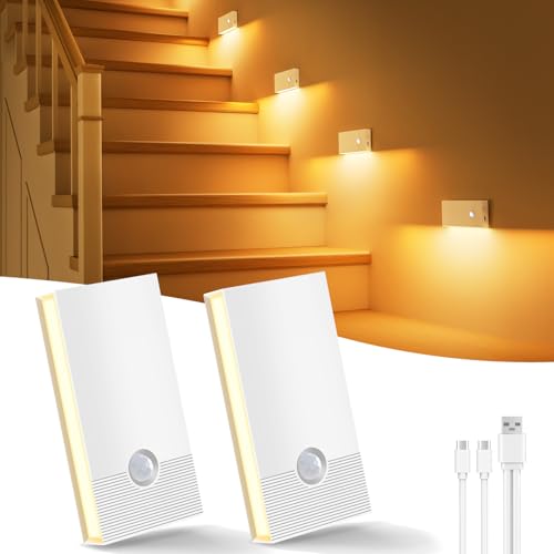 Swoieltr Luce Notturna con Sensore di Moviment, 2 Pezzi Ricaricabile Luce Notturna a Led ON/OFF/AUTO Modalità, 2700K Bianco Caldo Luce Bambini per Scale Corridoio Camera da Letto Soggiorno