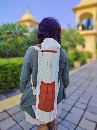 Image of O2 Yoga Mat Bag | Basic Style Cotton Yoga Mat Carry Bag with Adjustable Double Straps | Bottle Holder & Zipper Pocket | Yoga Mat Cover Bag for Women & Men | Fits 2mm-10mm Mats - Rusty Cream