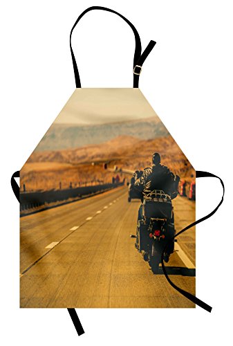 Lunarable USA Apron, Motorbiking Themed Biker Riding Motorcycle on The American Highway Digital Art Print, Unisex Kitchen Bib with Adjustable Neck for Cooking Gardening, Adult Size, Brown