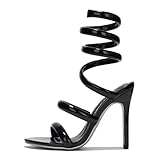 Cape Robbin Women's Metallic Heels - Ankle Wrap Stiletto Sandals 4 Inch, Open Round Toe High Heel Sandals for Women, Shiny Evening Heels (Faydra) - Black 8