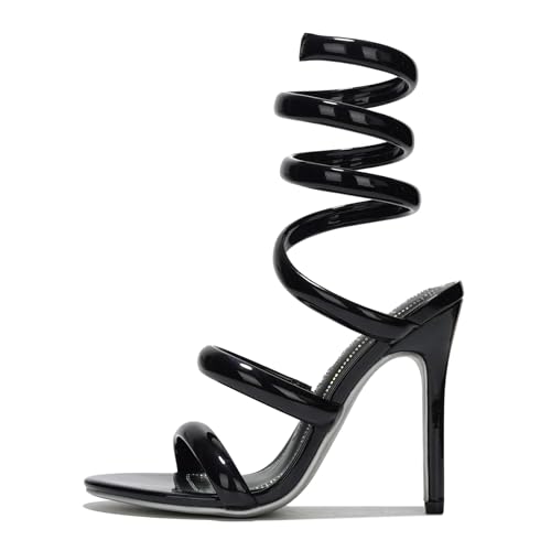 Cape Robbin Womens Spiral Coil Ankle Wrap Heels - Patent Metallic Stiletto Sandals 4 Inch Sleek Coil Wrap High Heels Open Round Toe (Faydra) Black 8