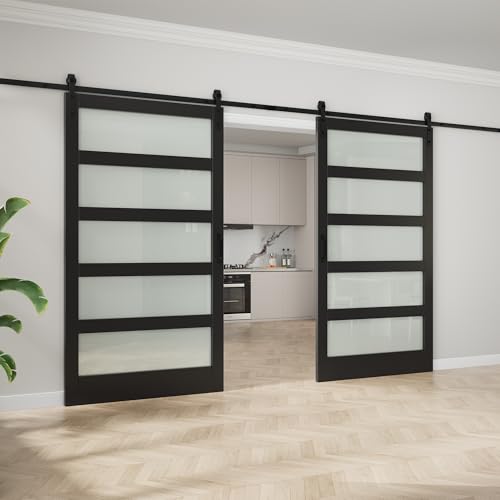 Image of 96 inchx84 inch Frosted Glass Barn Door with 16FT Sliding Hardware & Handle, Black | Pre-Drill Holes Double Barn Door For Easy Assembly, Solid Core Wood Sliding Barn Door for Water-Resistant & Sound Reduction