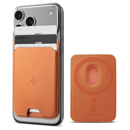 Image of Spigen for MagSafe Wallet, Holds 3 Cards, MagFit Compatible with iPhone 17 /16 /15 /14 /13 /12 Models, Pixel 10 Series, MagSafe-Cases, Pixelsnap and More, Card Holder - PU Metalic Orange (3-Cards)