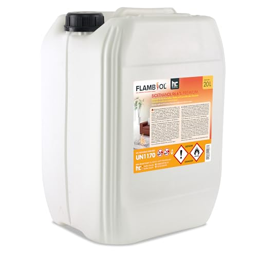 Bioéthanol 96,6% FLAMBIOL 1 x 20 L- Combustible Liquide Dénaturé pour Cheminée et Foyer à l'éthanol - Usage Intérieur - Combustion Propre et Quasi...