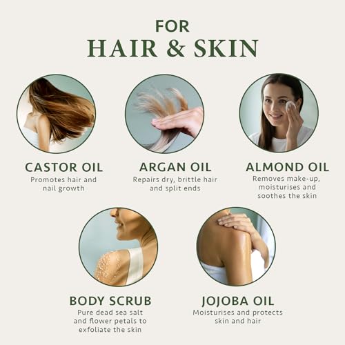 Birthday Gifts for Her with Organic Hair Growth Oil + Body Oil - Argan Oil + Jojoba Oil + Almond Oil + Castor Oil & Body Scrub 5x30ml, Gift Set Women - For Mum, Sister, Women Gifts - Satin Naturel - Image 6