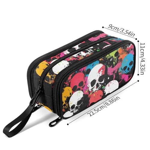 Image of Fustylead Colorful Skulls on Black Pen Pencil Case Makeup Pouch Big Capacity Multi-Purpose Travel Bag Office Organizer with Zipper