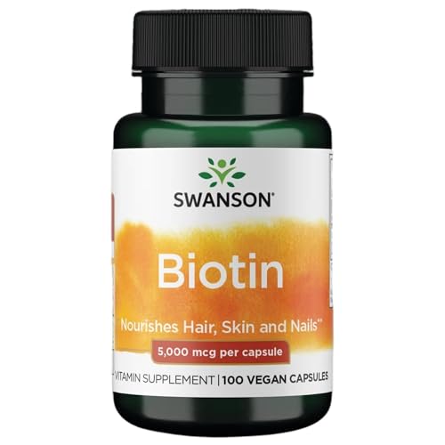 Swanson Biotin 5 000 mcg 100 Vegan Caps Nourish Hair Skin Nails Energy Production Easy-to Swallow