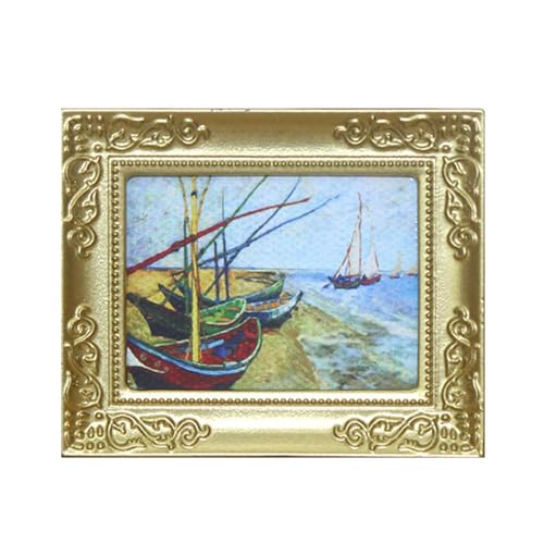 Pintura de casa de muñecas en miniatura con marco antiguo, accesorios artísticos 1:12, modelo decorativo de simulación de aceite para decoración vintage