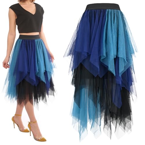 ouhos Falda midi de tul para mujer, cintura alta, falda plisada irregular falda tutú de ballet, falda patinadora, carnaval, fiesta, azul, Medium-Large
