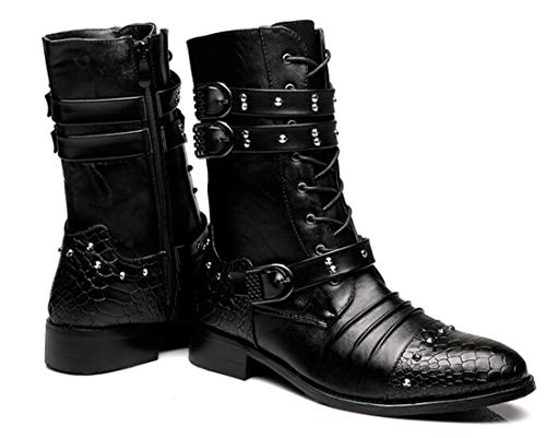 Santimon Men's Boots Retro Studded Rivet Buckle Zipper Western Motorcycle Combat Boot Heavy Metal Punk Rock Black4
