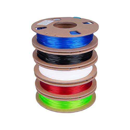 TPU Filament 1.75mm Combipack, TINMORRY TPU 3D Drucker Filament, 200g x 5 Spools, Black+White+Transparent red+Transparent green+Transparent blue Cover