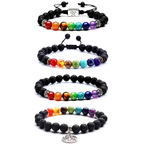 EAONE 4 Pcs Lava Stone Bracelets 8mm Chakra Beads 7 Colors Aromatherapy Essential