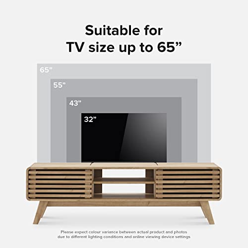 mopio Ensley 59" TV Stand with Slatted Door, Mid Century Modern Entertainment Center for 55/60/65 inch TV, Farmhouse Media Console with Storage, Adjustable Shelves, Round Edges, Living Room (Oak) - Thumbnail 3