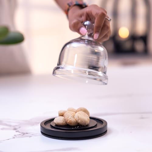 Image of Dusk Acacia Wood Cake Stand with Glass Dome, Black Finish | Perfect for Pastries, Desserts, Donut Cake, Cupcakes & Cookies