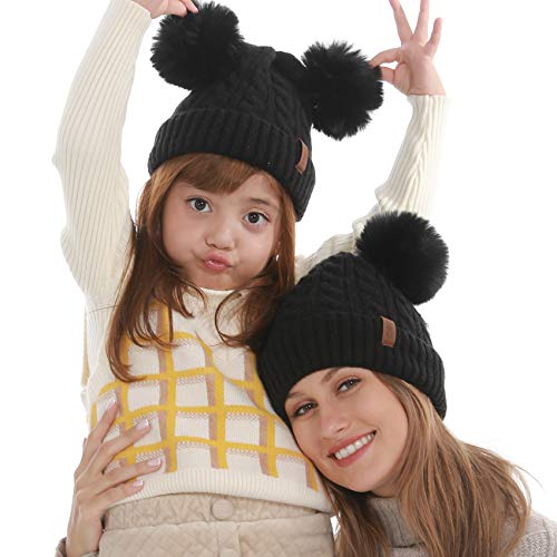 Mom And Baby Matching Hats Women Kids Winter Knit Beanies With Faux Fur Double Pom Pom, Mommy And Me Parent-Child Cute Warm Soft Black Fleece Knitted Cap For Boys Girls Mother Daughter Son #TOP6