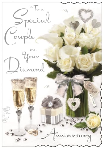 Illustrated Diamond Anniversary Card - (JJ0234) - Special Couple Diamond Anniversary - From The Velvet Range - Embossed With A Silver Foil & Flitter Finish