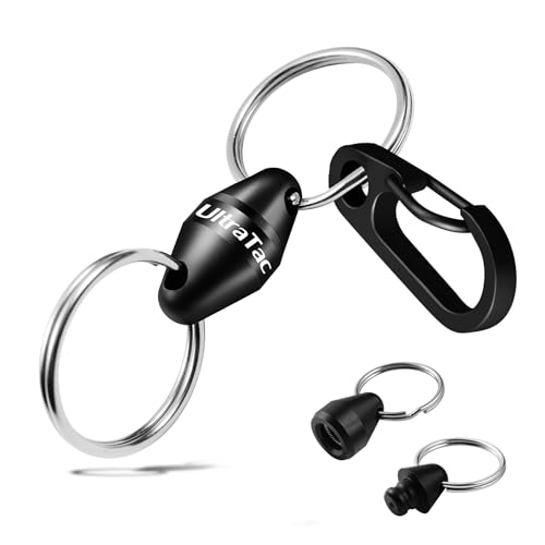 UltraTac Quick Release Keychain for Men, Secure Detachable Pull Apart Key Chain, EDC Accessories for Multi Tools, Knives, Flashlights(Black + Carabiner)