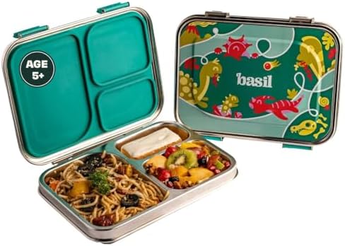 Basil Bento Box – 900 ml 3-Compartment Stainless Steel Lunch Box for Kids | Leak-Proof Tiffin Box for School - Green Dino | Hocus - Docus