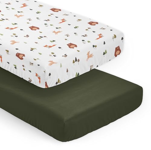 Image of Sweet Jojo Designs 2-Piece Baby Crib Sheets Set (Woodland Animals) for Girls & Boys, Infant Nursery, Toddler Room - Fitted, Standard Size (Solid Green and Watercolor, Forest Animal Friend, Brown Bear)