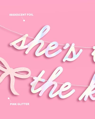 Image of xo, Fetti She's Tying the Knot Banner - Iridescent Foil | 4.5 Ft. | Bow Bachelorette Decorations, Engagement Party Sign, Proposal Background, Bach Supplies