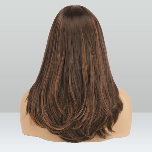 Image of FESHFEN Wigs with Bangs for Women, Synthetic Natural Looking Long Layered Straight Hair Wig for Women Daily Party Use, 18 inch Brown Mixed Auburn